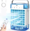 A hand holding a remote control pointing at a portable air cooler with ice cubes in the water tank. Produktbild-Vorschau