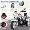 A white police-themed electric motorcycle for children, with various features highlighted by callouts and text. Náhľad obrázku produktu