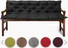 A black bench cushion on a wooden bench, with color swatches below. Produktbild-Vorschau