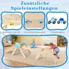 A collage of images showing a wooden indoor climbing structure for children, with close-ups of its features and children playing on it. Podgląd zdjęcia produktu
