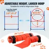 Diagrams and images of dog agility training equipment, including jump bars, a hoop, and tunnels, with text indicating features and dimensions. Náhľad obrázku produktu