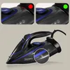 A close-up view of a black and blue Zeegma iron, with two inset images showing indicator lights. Produktbild-Vorschau