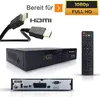 A product image featuring a satellite receiver, its remote control, HDMI cables, and marketing text. Produktbild-Vorschau
