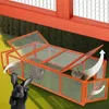 A wooden rabbit hutch with open lids, set on a grassy lawn with a black rabbit in the foreground. Produktbild-Vorschau