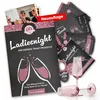 A collage of game components for a murder mystery party game called 'Ladiesnight - Der Mörder trinkt Prosecco'. Produktbild-Vorschau
