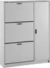 A white shoe cabinet with three flip-down drawers and a single door on the right side, shown against a white background. Produktbild-Vorschau