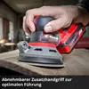 A hand is holding a red and black cordless orbital sander, sanding a wooden surface. Produktbild-Vorschau