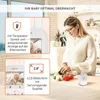 A woman is in a kitchen, and a baby monitor is shown with its features highlighted. Produktbild-Vorschau