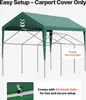 A green carport cover is shown on a metal frame, with text overlays indicating features and what is not included. Anteprima dell’immagine prodotto