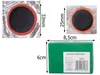 A collage of images showing tire repair patches and their packaging, with dimensions indicated. Produktbild-Vorschau