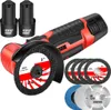 A cordless angle grinder kit with accessories, including batteries, cutting wheels, and a grinding wheel, displayed on a white background. Produktbild-Vorschau