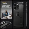 A collage of images showcasing a black Spigen Tough Armor Mag Case for an Apple iPhone 15 Pro, including a lifestyle shot of a person with a skateboard, a close-up of the case's camera area, and a side profile of the case. Podgląd zdjęcia produktu