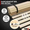 Close-up view of wooden bed slats with marketing text and icons. Produktbild-Vorschau
