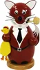 A wooden figurine of a fox dressed in a suit, holding a chick. Produktbild-Vorschau