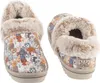 A pair of women's slippers with a dog print and faux fur trim. Produktbild-Vorschau