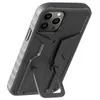 A black and gray iPhone case with a kickstand is shown from a diagonal rear angle against a white background. Podgląd zdjęcia produktu