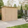 A wooden garden shed is shown in an outdoor setting next to a paved walkway and a bicycle. Podgląd zdjęcia produktu