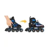 A hand is shown adjusting a roller skate, with an arrow pointing to the adjusted skate. Podgląd zdjęcia produktu