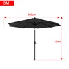 A black patio umbrella is shown with dimensions indicated by red lines and text. Voir les images du produit