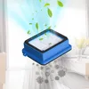 A blue air filter shown from a low angle, with stylized green leaves and blue airflow depicted above it, and stylized virus particles below it, against a soft-focus background of a room. Produktbild-Vorschau