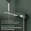 A close-up view of a modern shower fixture with a shelf, set against a textured dark green wall. Produktbild-Vorschau