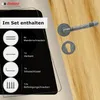 A door handle set is shown on a wooden door, with a graphic overlay detailing the included components. Produktbild-Vorschau