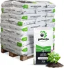 A stack of bags of soil on a pallet, with one bag in the foreground next to a small plant. Produktbild-Vorschau