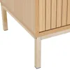 Close-up view of the lower section of a wooden TV stand with metal legs. Produktbild-Vorschau