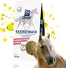 A bag of horse feed with a horse's head in the foreground, surrounded by oil droplets. Produktbild-Vorschau