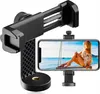 A smartphone holder attached to a tripod mount, with a smartphone displaying a beach scene. Produktbild-Vorschau