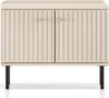 A front view of a two-door cabinet with fluted doors and gold knobs, standing on black legs. Náhľad obrázku produktu