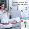 A woman is using her phone on a couch, with marketing graphics illustrating a WiFi extender's features. Produktbild-Vorschau