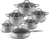 A set of stainless steel pots and pans with glass lids, arranged on a white background. Náhled obrázku produktu