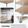 Collage of images showing a corner shelving unit, close-ups of its construction, and a room setting with the shelving unit. Náhled obrázku produktu