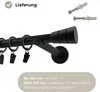 A black curtain rod with rings and clips, along with mounting hardware, presented with descriptive text. Produktbild-Vorschau