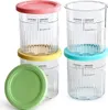 Four clear ice cream containers with colored lids are stacked and arranged on a white background. Produktbild-Vorschau