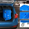 A blue insulated food carrier is placed in the trunk of a car, with close-up shots of its features on the right side. Náhľad obrázku produktu