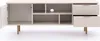 An open view of a modern TV stand with one open door on the left, multiple shelves in the middle, and two drawers on the right. The stand has gold-colored legs and drawer pulls. Produktbild-Vorschau