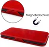 A red flip case for a smartphone is shown with a close-up detail and a graphic indicating a magnetic closure. Anteprima dell’immagine prodotto