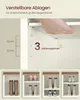 Collage showing adjustable shelves in a cabinet, demonstrated by a hand adjusting a shelf, and different shoe storage configurations. Produktbild-Vorschau