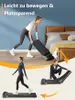 A collage of images showing a woman using a foldable walking pad in different scenarios, including storage and use. Produktbild-Vorschau