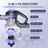 Diagram of a vacuum cleaner's 5-in-1 filter system with labels explaining each stage. Produktbild-Vorschau