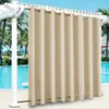 Outdoor curtains hanging on a pergola next to a swimming pool with palm trees in the background. Produktbild-Vorschau