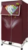 A burgundy electric clothes dryer stand with clothes hanging inside. Náhled obrázku produktu