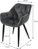 A gray velvet armchair with dimensions indicated by measurement lines and text. Produktbild-Vorschau