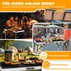 Collage of images showing a table in different settings: a family dinner, a market stall, and a campsite with food. Produktbild-Vorschau
