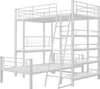 A white metal bunk bed with a desk and shelves. Produktbild-Vorschau