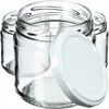 A group of empty glass jars with a white lid placed on top of one of them. Podgląd zdjęcia produktu