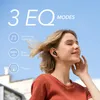 A woman wearing earbuds, with text overlays indicating EQ modes. Podgląd zdjęcia produktu