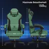 Two views of a green gaming chair with dimensions and weight capacity indicated by text overlays. Produktbild-Vorschau